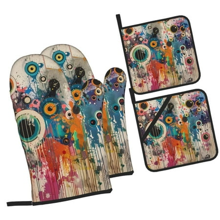 

Fotbe Abstract Colorful Dripping Circles for 4Pcs Oven Mitts and Pot Holders 500℉ Heat Resistant Oven Mitts Non-Slip Silicone Surface Safe for Baking Cooking BBQ