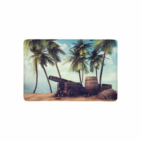 Mkhert Pirate Cannon And Barrels On Tropical Beach With Palm Trees