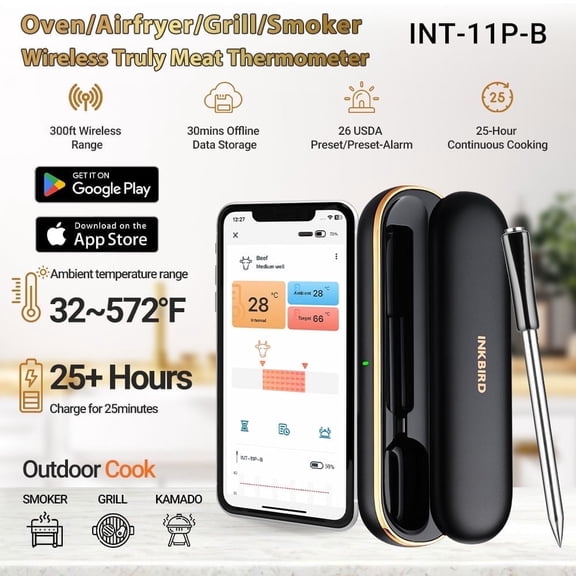 Inkbird Wireless Meat Thermometer Bluetooth BBQ Thermometer with 91m/300ft App Control and Smart Alarms，Dishwasher Safe