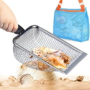 Beach Mesh Shovel with Mesh Beach Bag for Shell Collecting, Kids Filter Sand Scooper for Picking Up Shells, Shark Tooth Sifter Dipper for Boys and Girls