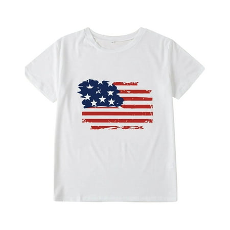 

ZMHEGW American Flag Shirts Toddler Tees Short Sleeve Pullover Kids Tops Independence Day Print White 2Y