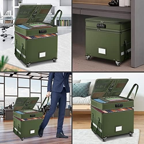 File Box with Lock,2-Layer Fireproof Document Box with Wheels,Collapsible Rolling File Storage Organizer with Pockets,Large Portable Home Office Filing Cabinet Safe for Hanging Folders,Green
