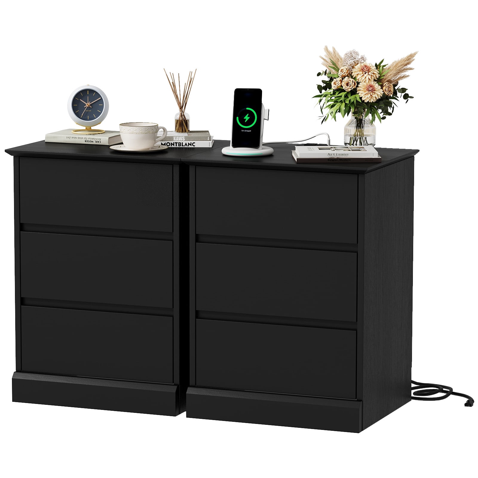 3 Drawers Nightstand Set of 2 with Charging Station, Bedside Table End Table for Bedroom Living Room, Black