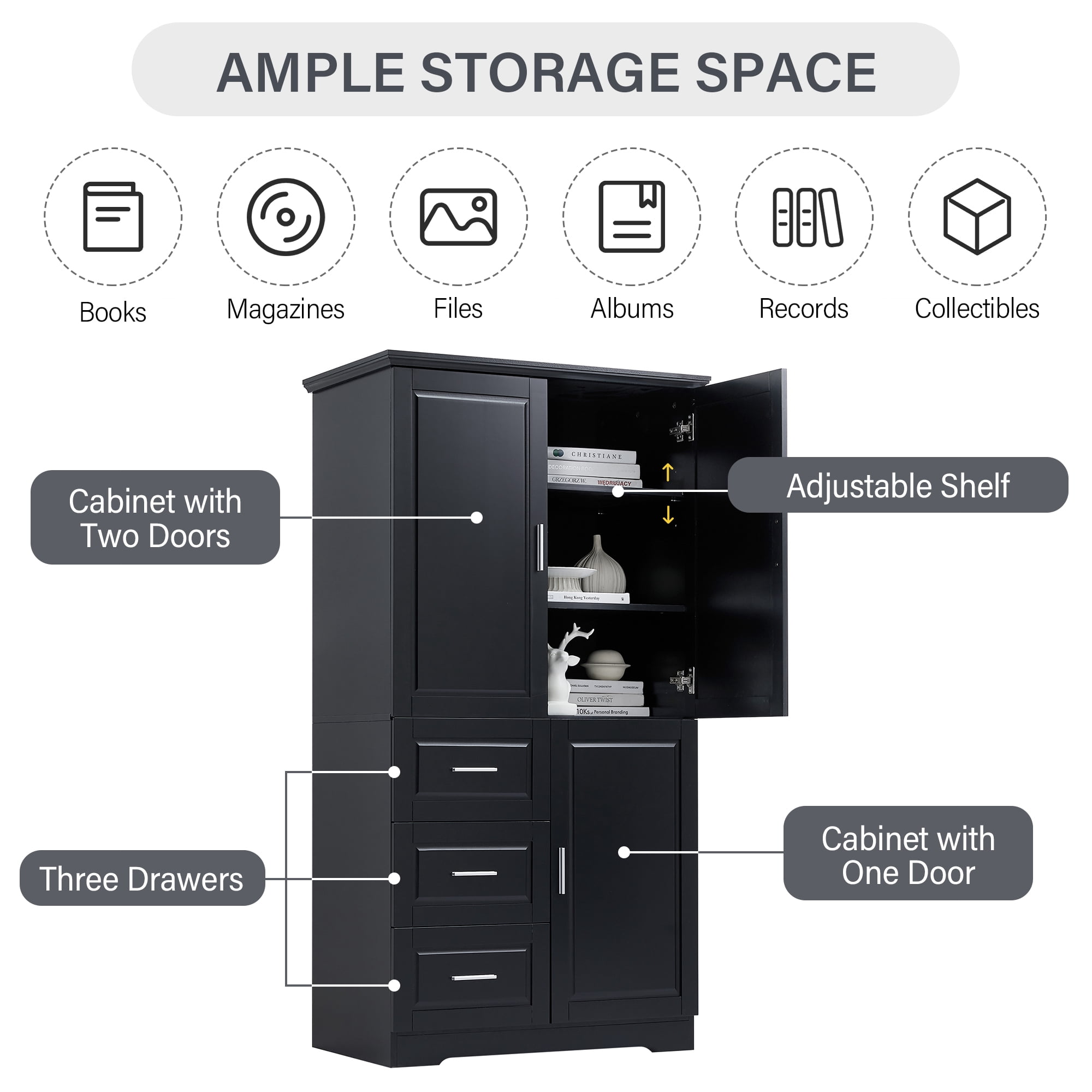 Harper & Bright Designs Tall and Wide Bathroom Storage Cabinet with Drawers and Doors, Modern Bathroom Floor Storage Cabinet with Shelf, Black