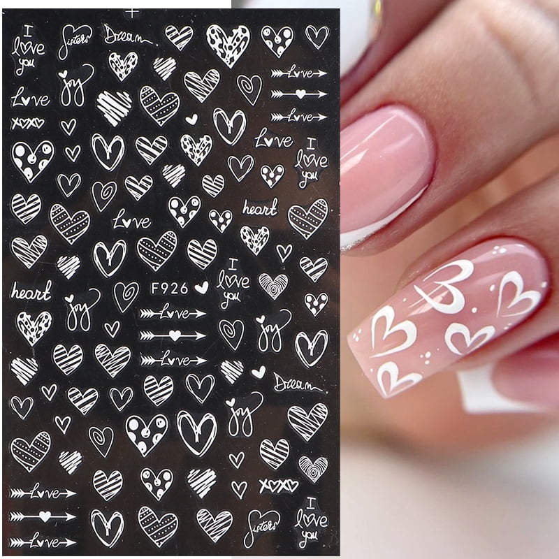 3pcs 3D Elegant White Heart Nail Stickers Valentine Love Designs Nail Art Decals Self Adhesive Decoration DIY Manicure Supplies