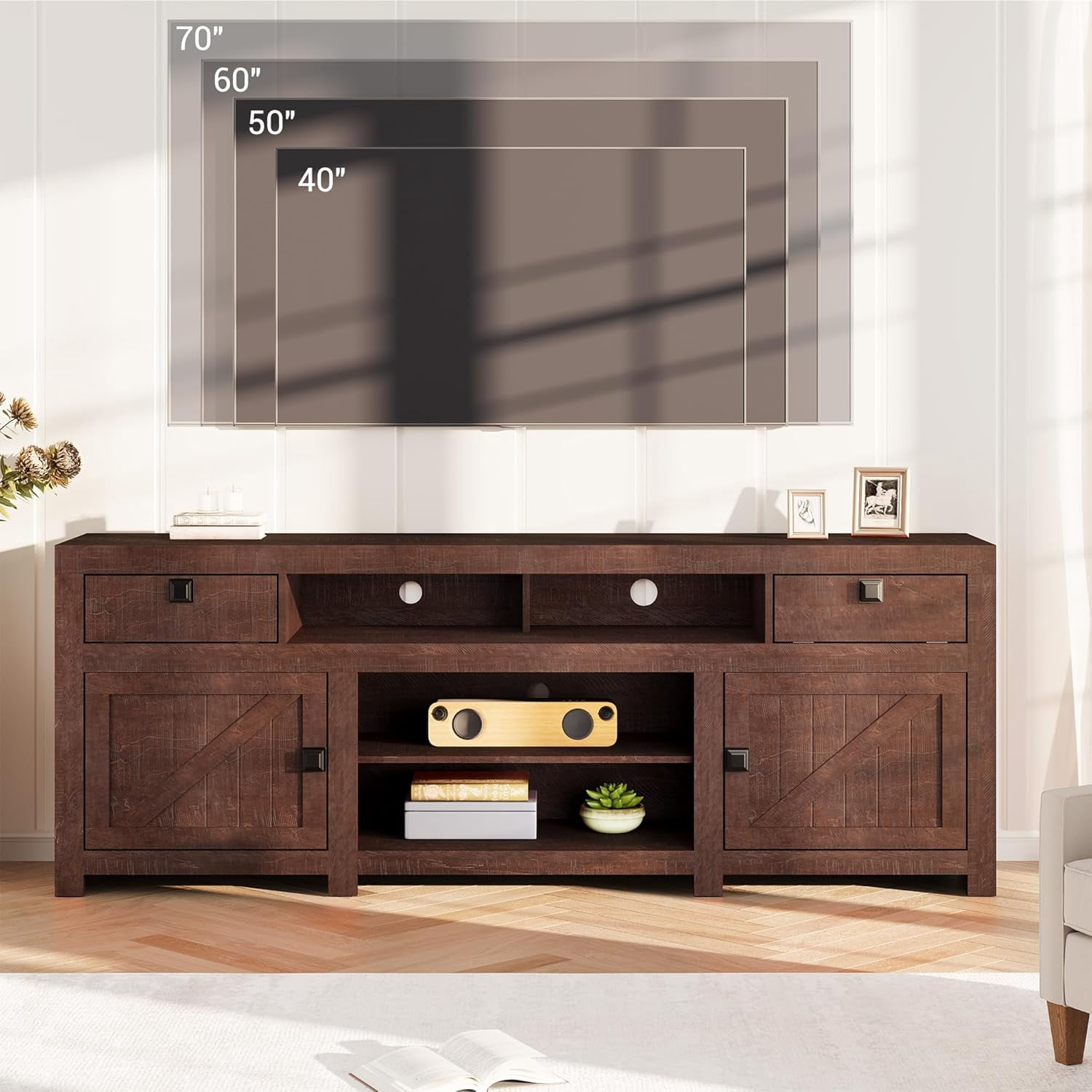 Garvee Farmhouse Wooden TV Stand for 75 Inch TV, 70" Long Entertainment Center with 4 Door and 2 Open Storage Spaces, Rustic TV Stand for Living Room, Bedroom