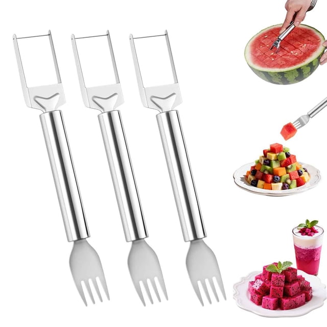 Weloille Stainless Steel Watermelon Fork 1 Piece, Food Grade Material Sharp Edge Reusable Rust Proof, Multifunctional Fruit Cutting Slicer Tool, for Home Kitchen Party Picnic Fruit Cutting