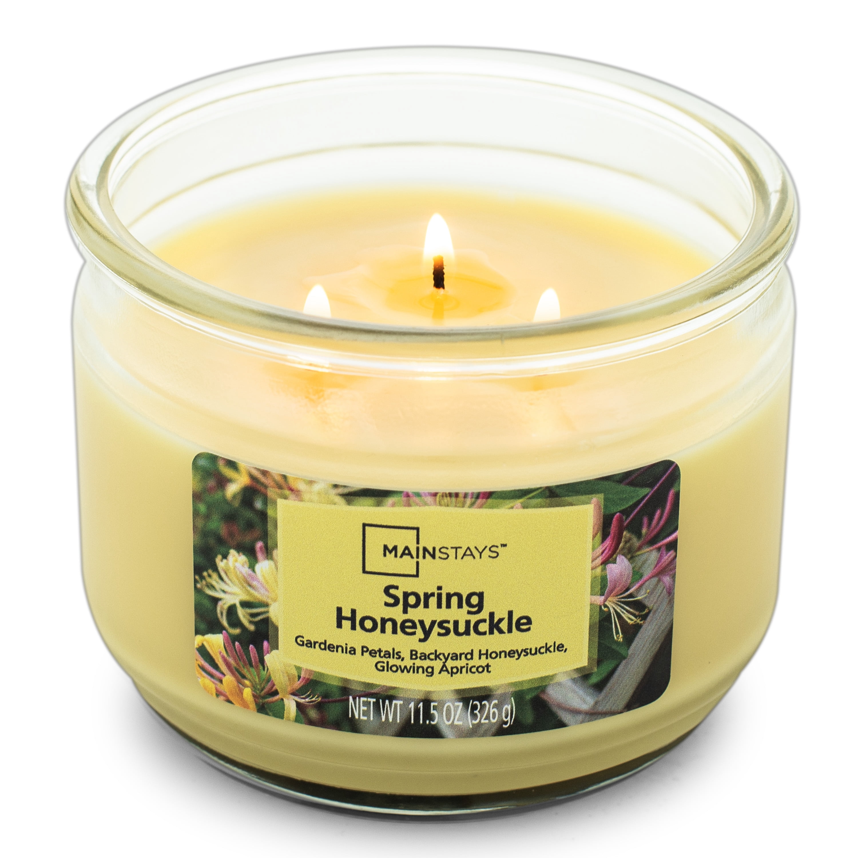 Mainstays Spring Honeysuckle Scented 3-Wick Glass Jar Candle, 11.5 oz