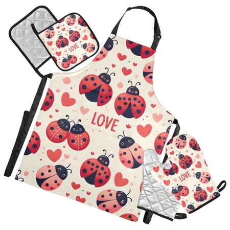 Ladybugs Heart Love 5 Pcs Kitchen Set Heat Resistant Oven Mitts and Non-Slip Pot Holders with Adjustable Cooking Apron