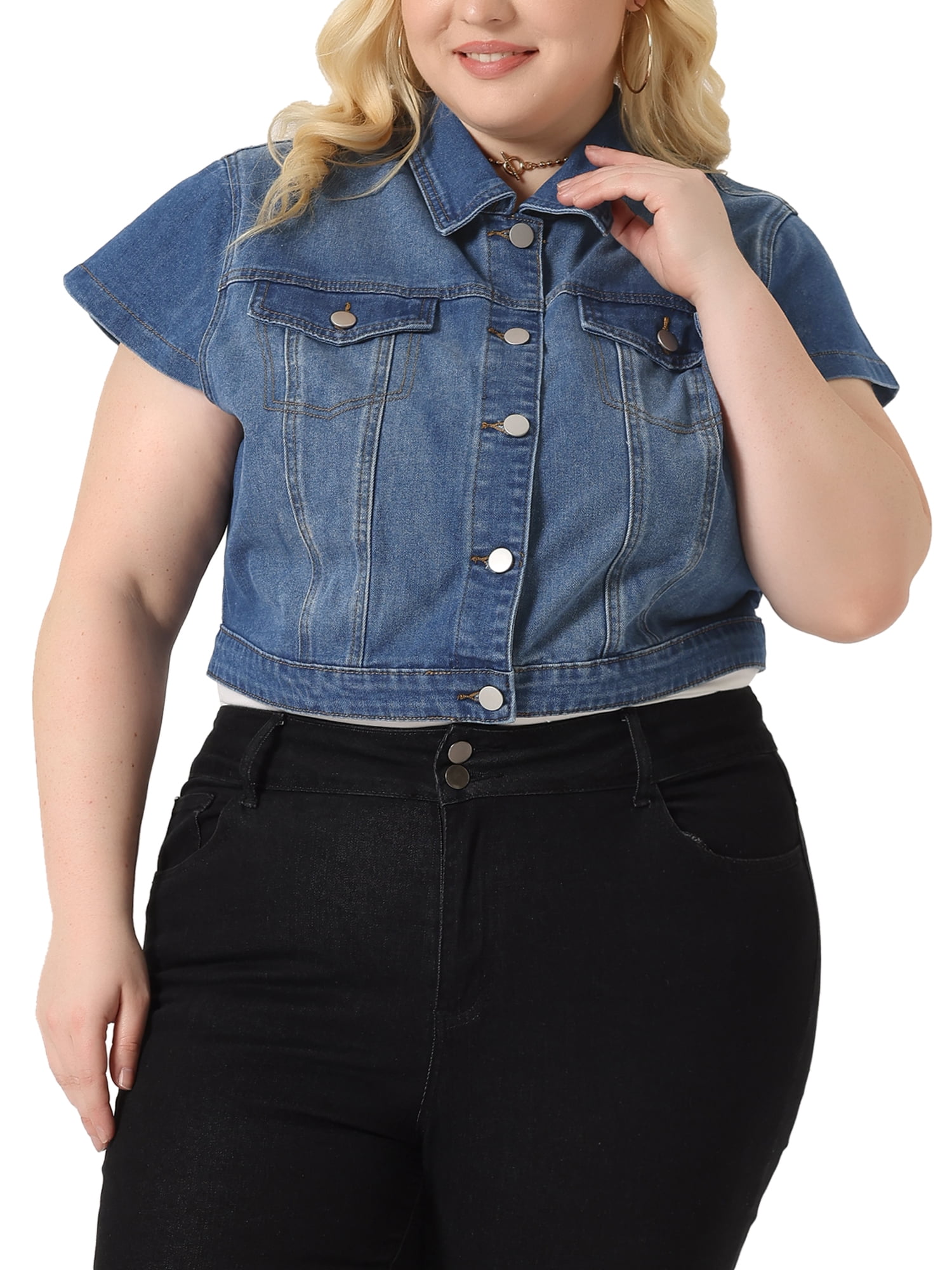 DARING DIVA Women's Plus Button Down Cap Sleeve Cropped Jacket 3X Mid Blue
