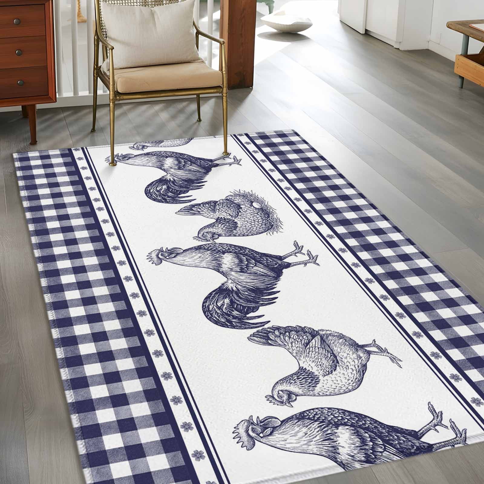 Navy Blue Rooster Area Rugs 3'x5', Washable Small Throw Rugs for Living Room Bedroom, Vintage Farmhouse Blue Plaid Indoor Outdoor Rug Non-Slip Low Pile Carpet Runner Reversible Floor Mats