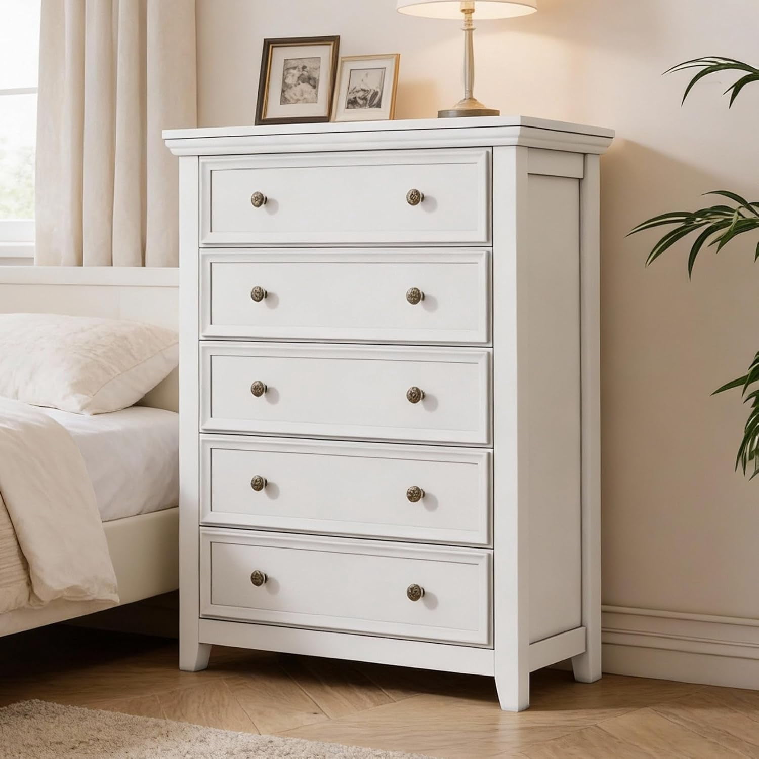 Boshiro Tall Dresser for Bedroom, 5 Drawer Dresser, Chest of Drawers, Organizer Drawers, for Hallway Entryway, White