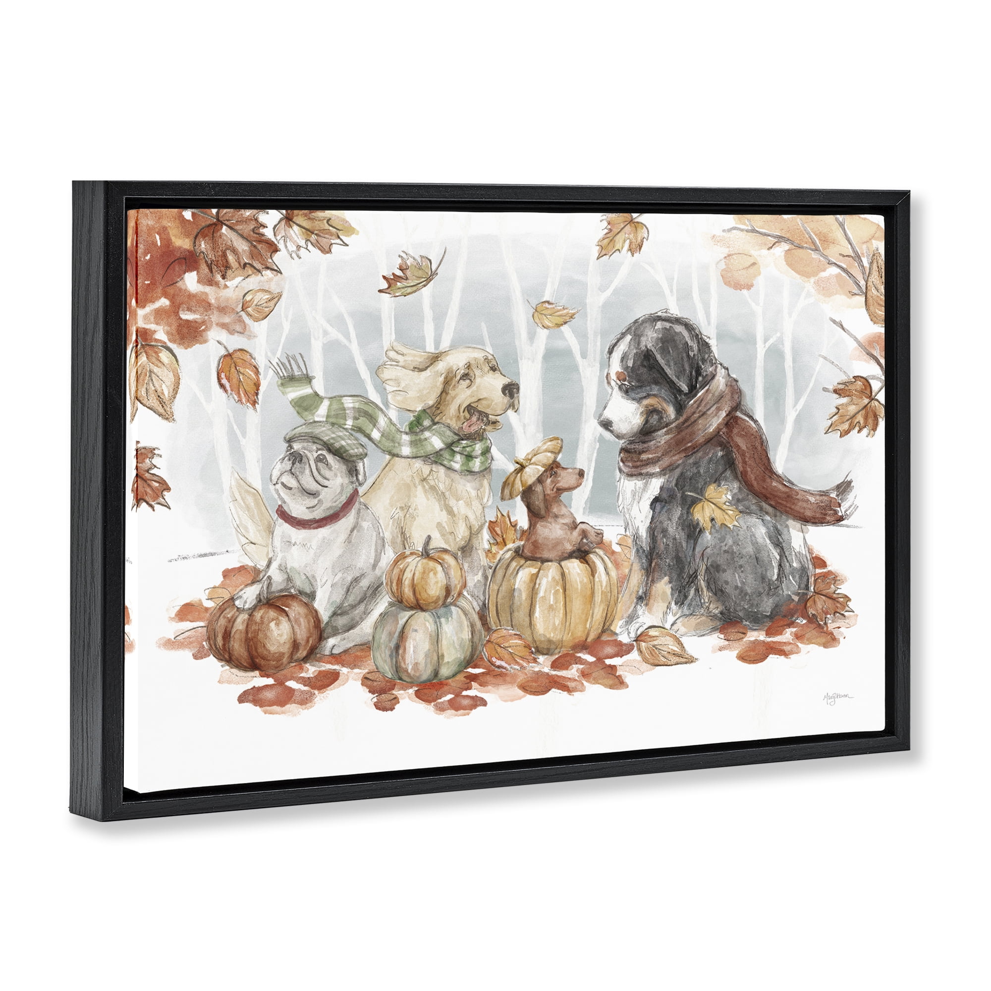 Stupell Industries Autumn Fun Dogs Holiday Painting Black Floater Framed Canvas Art Prints Wall Art, 31 x 21