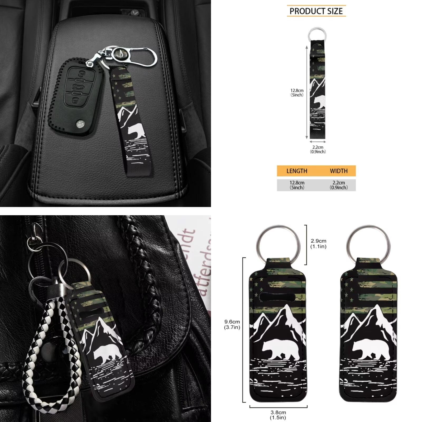Garronmavis American Flag Bear 16 Pcs Car Accessories Set Car Seat Belt Pads Cover Keychain Hand Brake Cover Cup Mats Front Window Sunshade Auto Rear View Mirror Covers