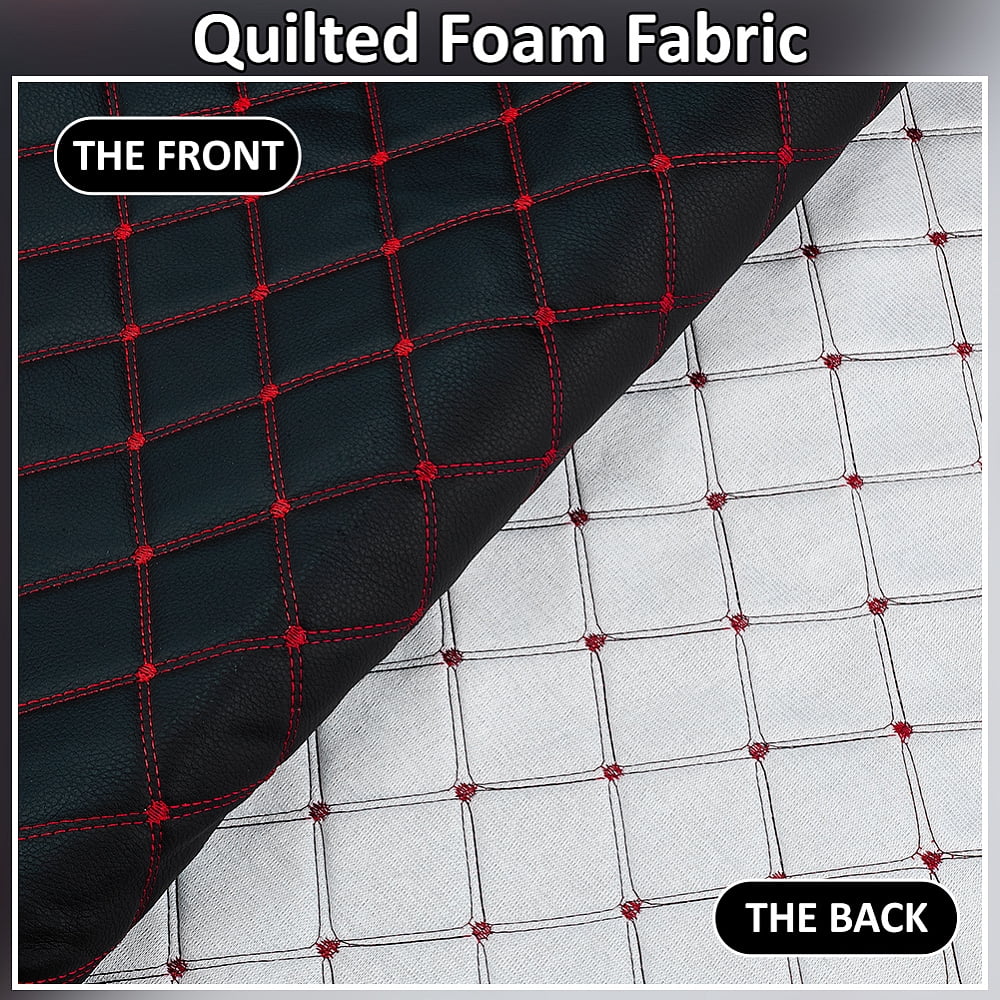 2.1 Yards Quilted Foam Fabric Leather Fabric 61 inch Diamonds Pattern Leather Fabrics with Red Stitch(Black)