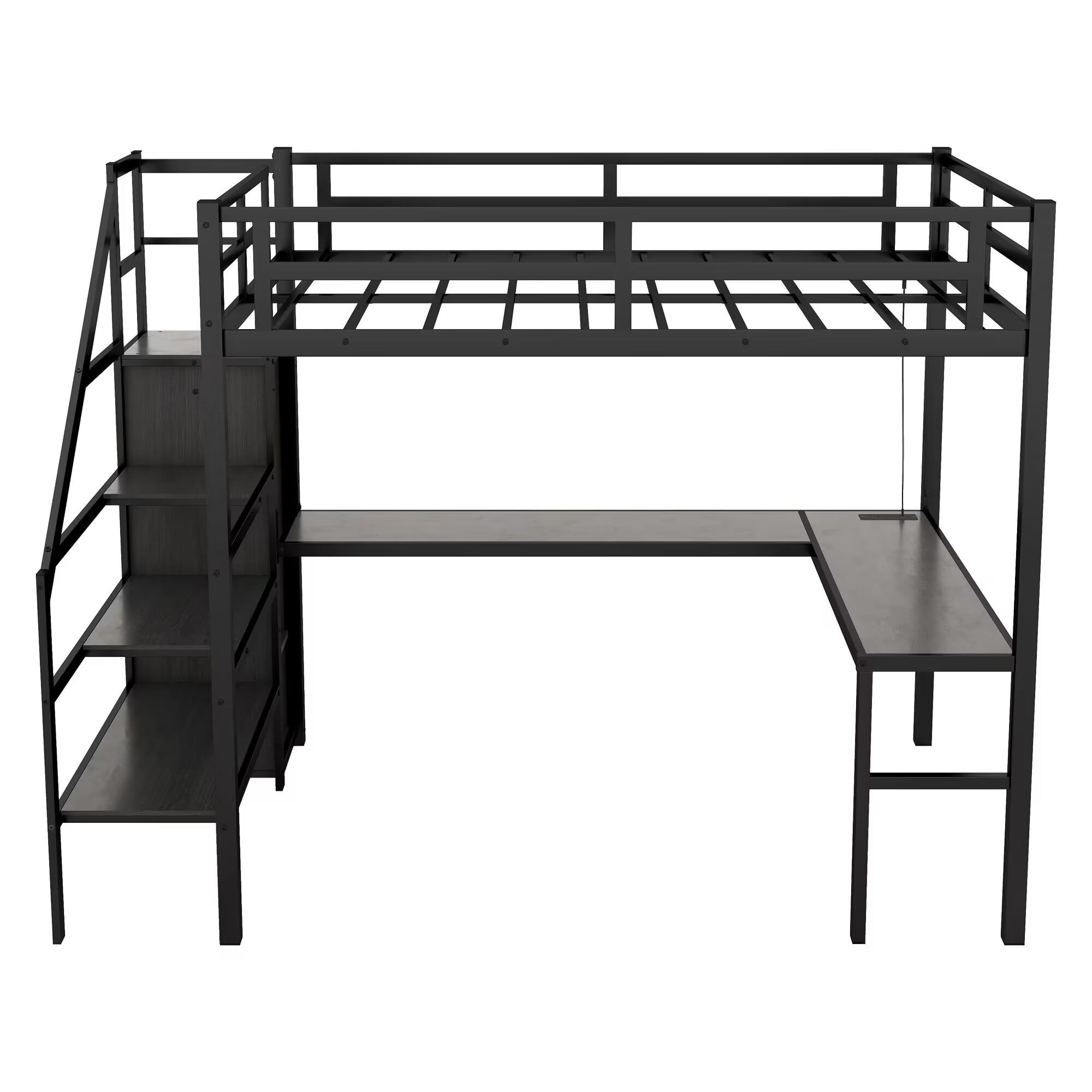 Aukfa Full Size Loft Bed with Desk and Wardrobe, Metal Loft Bed with USB Ports, LED Light and Staircase for Kids Teens - Black