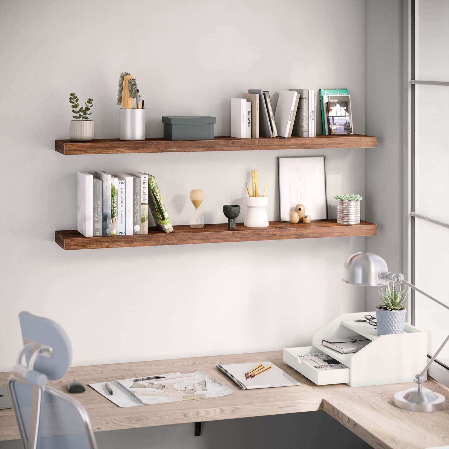 Ballucci 48" Floating Shelves, 2-Pack Wood Wall Shelf Set with Invisible Brackets, 8" Deep, Rustic Brown