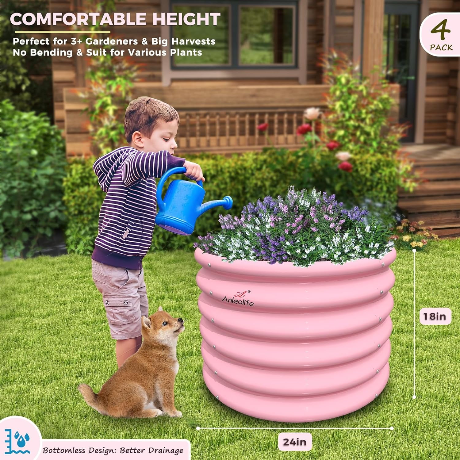 Kids Raised Garden Beds Outdoor (4-Pack)-24x24x18in Round Galvanized Metal Planter Box for Planting Vegetables, Flowers, Fruits, Eco-Safe & Easy Setup, Blush Pink