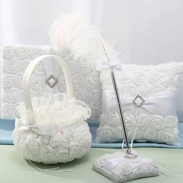 White Satin Wedding Flower Girl Basket Ring Pillow Ceremony Party Love Bowknot 