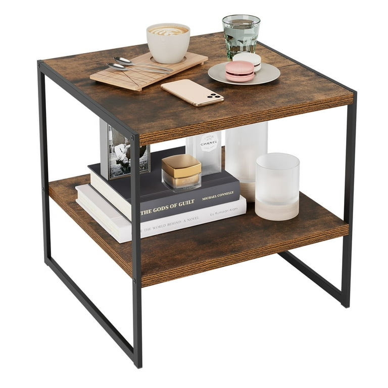 HOMECHO Side Table with Shelves End Tables for Living Room Wood Tea Table Sofa Center with Storage Shelf Rustic Brown Finish