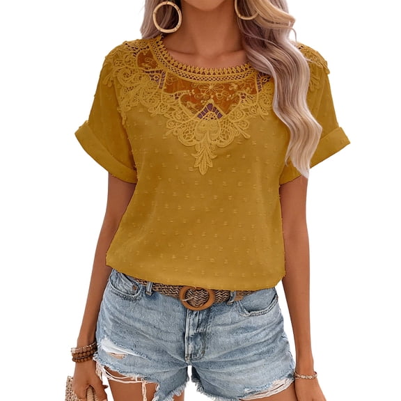 XPMWRP Women's Casual Lace Crochet Crew Neck Cuffed Short Sleeve Blouses Summer Loose Chiffon Tops Elegant Dot Shirts Yellow M