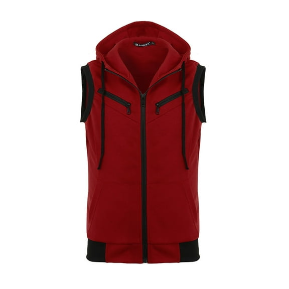 INSPIRE CHIC Men's Tailored Vest Hoodie Zip Up Sleeveless Drawstring Hooded Vest 36 Burgundy