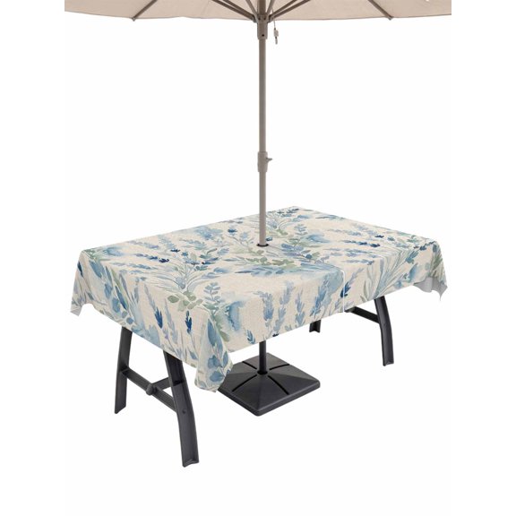 Outdoor Tablecloth with Umbrella Hole for Patio/Picnic/Party/Camping, Spring Floral Waterproof Table Cloth Rectangle Table Cover Washable, Watercolor Flowers Retro Country Botanical Beige (54"x 80")