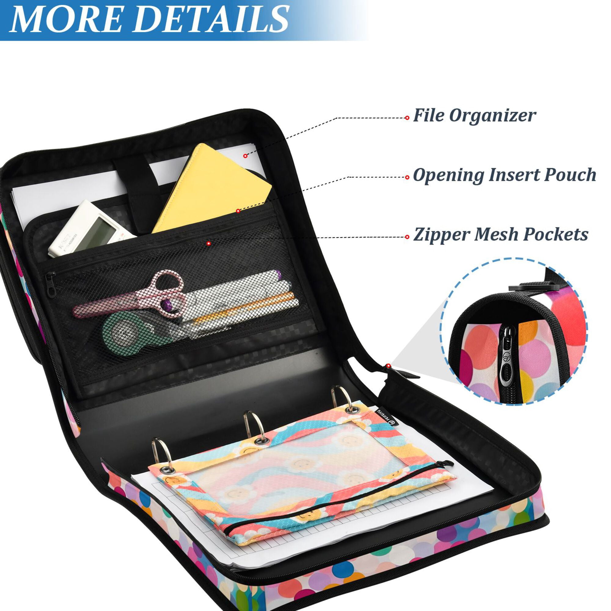 FORMRS Zipper Binder with Shoulder Strap 2-inch Ring 500 Sheet Capacity File Bag, Light Colorful Circles