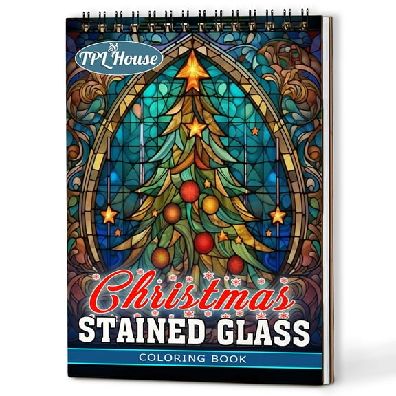 Netecom Christmas Stained Glass Coloring Book Spiral Bound for Adults, A5 Wooden Cover, 30 Illustrations Coloring Pages of Charming Christmas Ornaments for Stress Relief and Relaxation