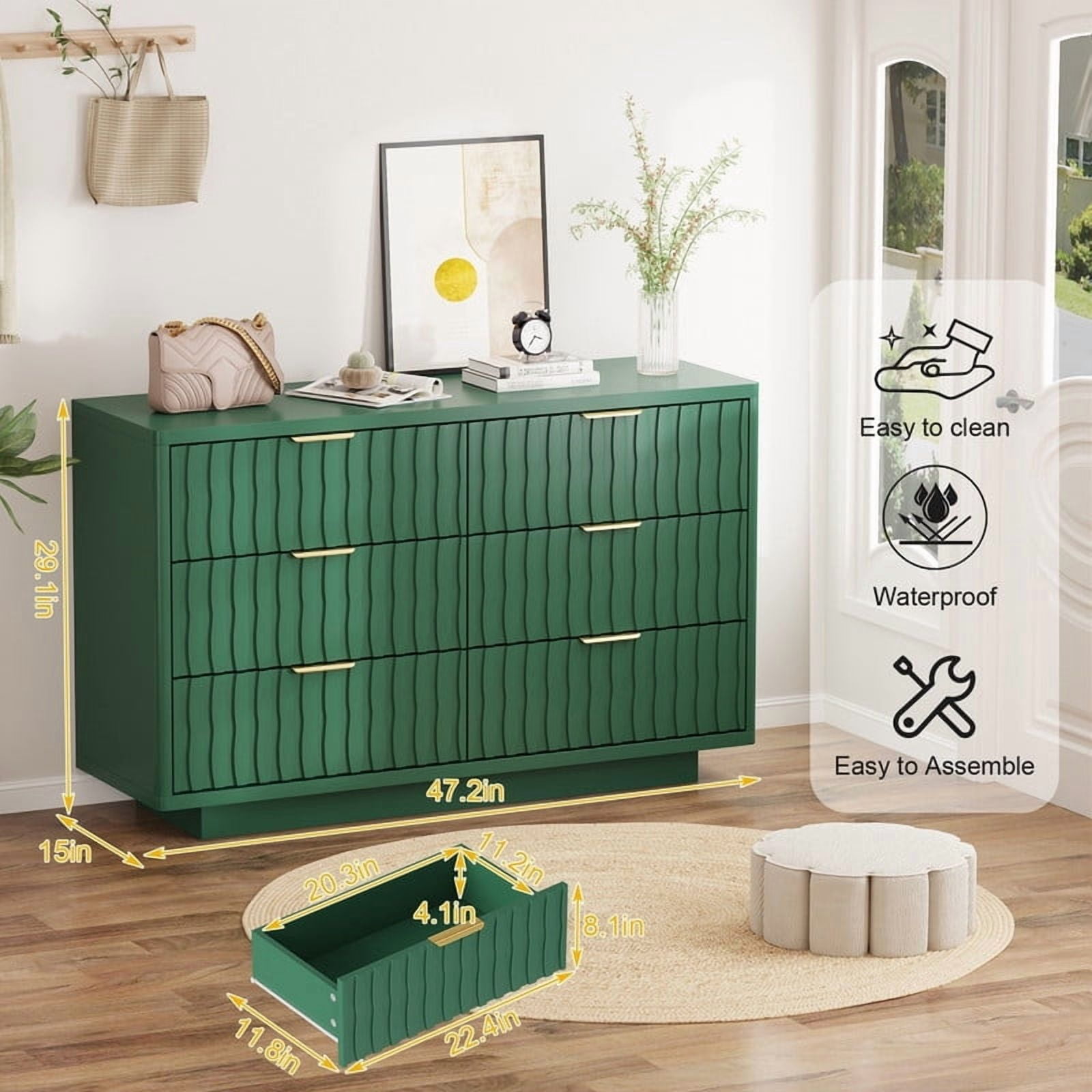 Fluted 6 Drawer Dresser for Bedroom, Wide Modern Chest of Drawers with Metal Handle, Curved Profile Design, Wood Closet Clothes Storage Organizer for Bedroom, Living Room, Hallway