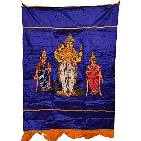 Exotic India Spectrum-Blue Karttikeya with Shakti Auspicious Temple Curtain - Satin