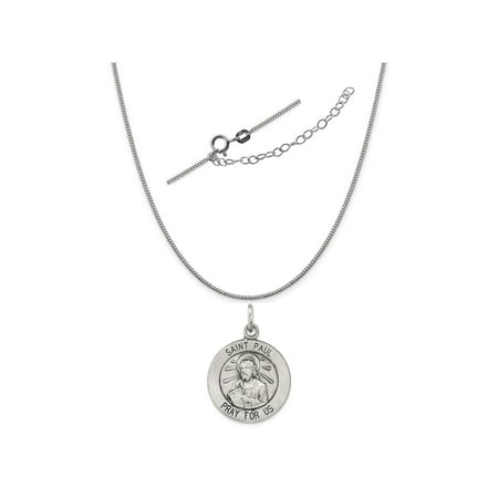 Sterling Silver Antiqued Saint Paul Medal Charm on a 0.90mm Box Chain Necklace, 18
