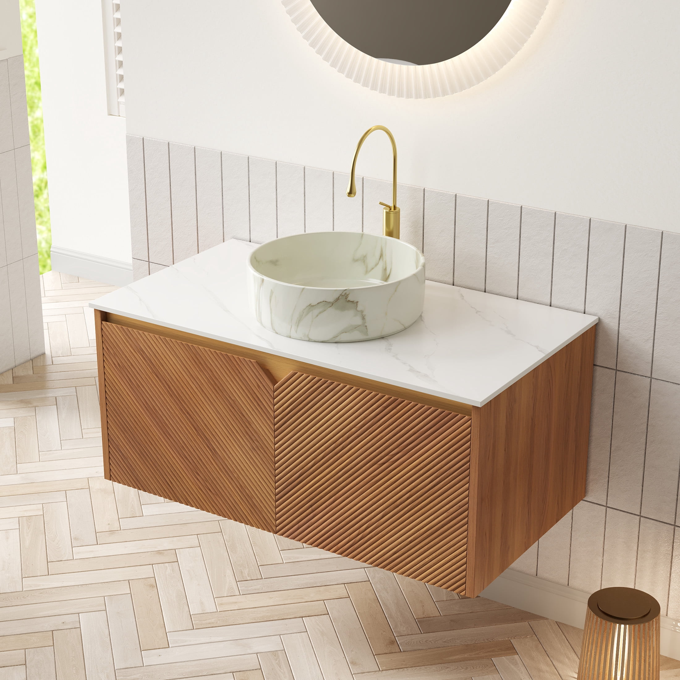 Noble House RUBEN 36" Floating Bathroom Vanity, Sintered Stone Top Cabinet with Stone Round Ceramic Vessel Sink, Oak