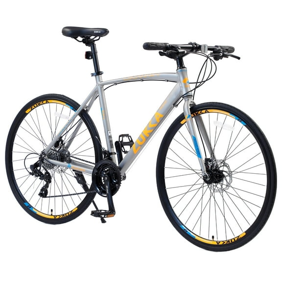 700C Hybrid Bike Shimano 24-Speed Road Bicycle for Adults | Lightweight Aluminum Frame | Front & Rear Disc Brakes | Adjustable Saddle | Straight Handlebar | 700C x 25C Tires|Sliver