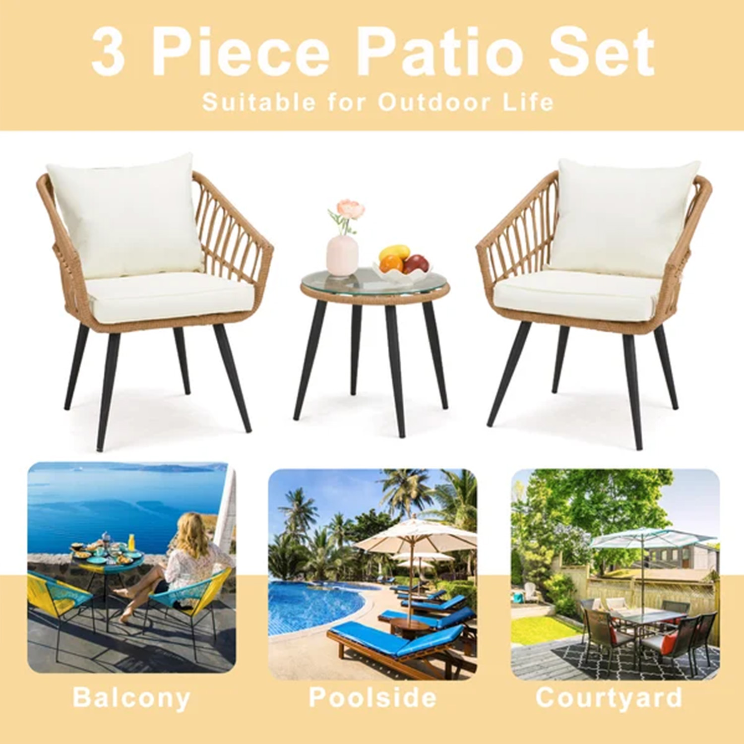 3 Pieces Patio Conversation Set Outdoor Furniture Wicker Rattan Chair with Cushions Bistro Sets Glass Top Coffee Side Table Seating Sectional Garden Balcony Backyard Poolside Sunroom Boho - image 4 of 7
