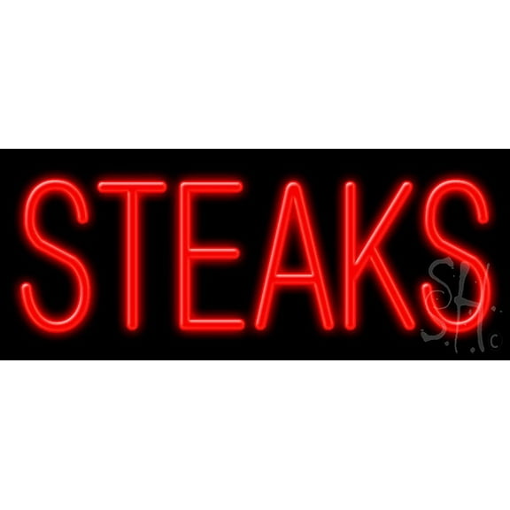 Steaks LED Neon Sign 6 x 15 - inches, Clear Edge Cut Acrylic Backing, with Dimmer - Bright and Premium built indoor LED Neon Sign for restaurant window and interior decor.