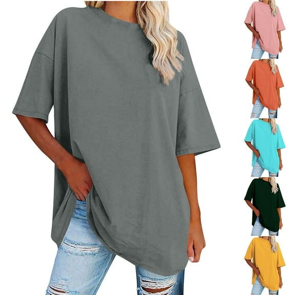 Womens Plus Size Tops Elbow-Length Dressy Blouses Crew Neck Casual Loose Tunic Tops Summer Shirts S-2XL