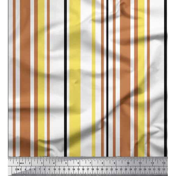 Soimoi Yellow Silk Fabric Colorful Vertical Stripe Printed Fabric 1 Yard 42 Inch Wide
