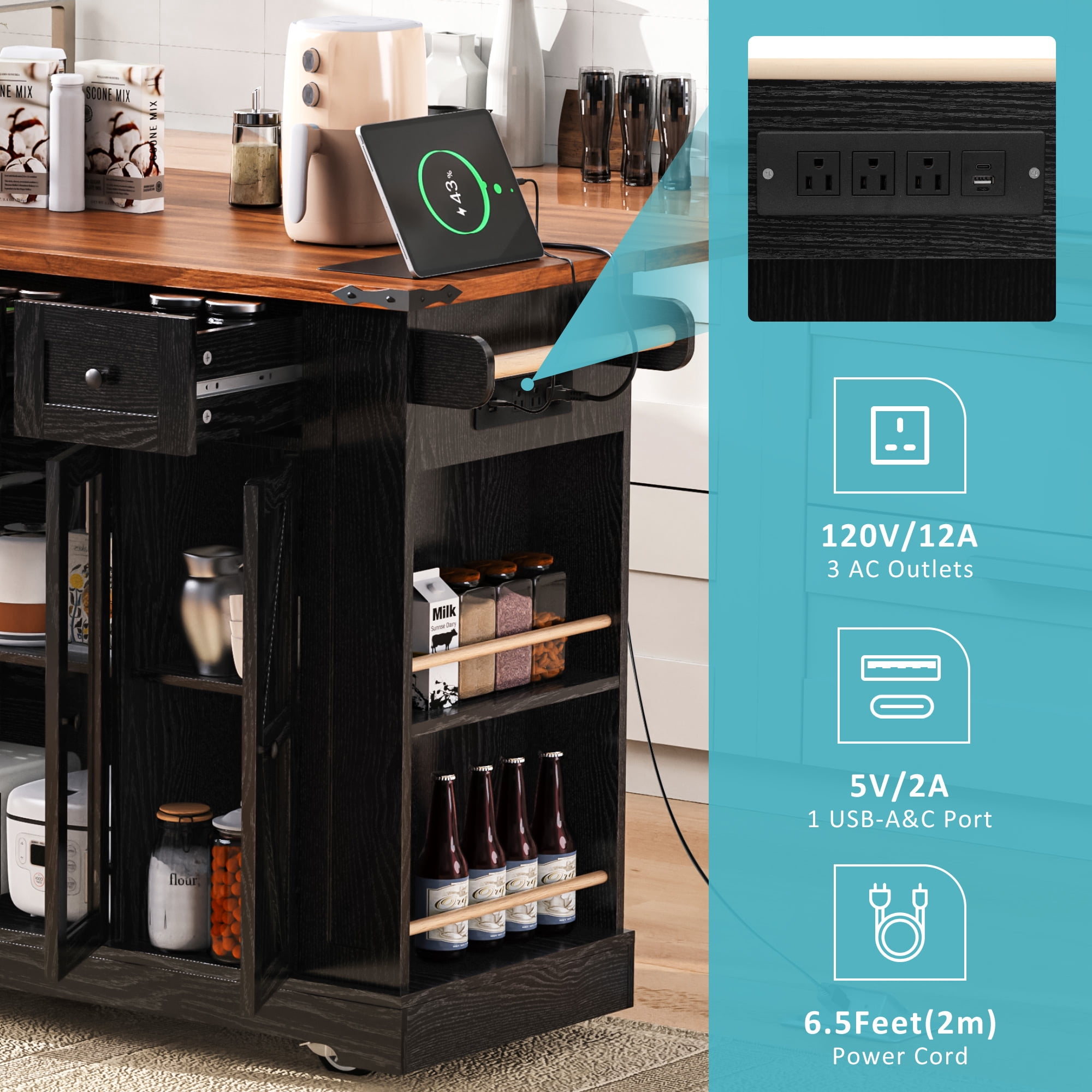 53" Farmhouse Kitchen Island with Tempered Glass Doors, Power Outlets, Drop-Leaf Tabletop, 5 Open Side Shelves & 3 Drawers, Rolling Kitchen Cart for Dining Room, Black
