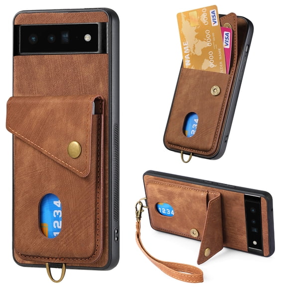 Nalacover for Google Pixel 6 Pro, Slim Case Wallet with Credit Card Holder, Back Flip Premium Leather Magnetic Clasp Kickstand Wirst Hand Strap Shockproof Cover for Google Pixel 6 Pro, Brown