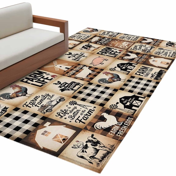 Hallway Runner Rugs 2.7x5 Ft, Farm Cow Non Slip Area Rugs for Kitchen Bedroom Entryway, Vintage Chicken Pig Plaid Black Brown Bear Washable Carpet Runner Rug Floor Mats for Bedroom Home Decor