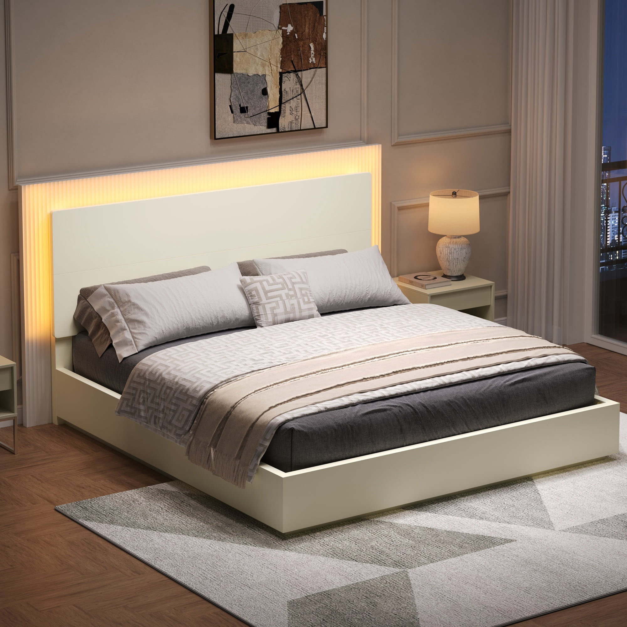 Euroco Wood King Size Platform Bed with LED Light Headboard, No Box Spring Needed, White