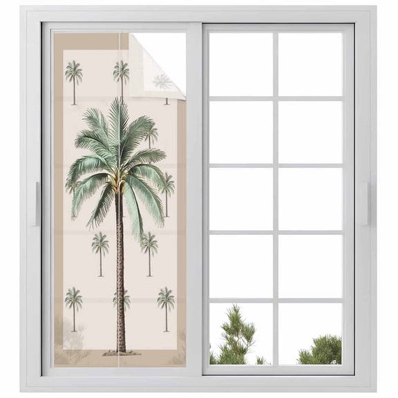Palm Trees Privacy Window Film, Decorative Frosted Glass Window Film, Brown Tropical Plants Summer Green Reusable Peel and Stick Static Cling for Home Bathroom Office Glass Door 23.6"x59"