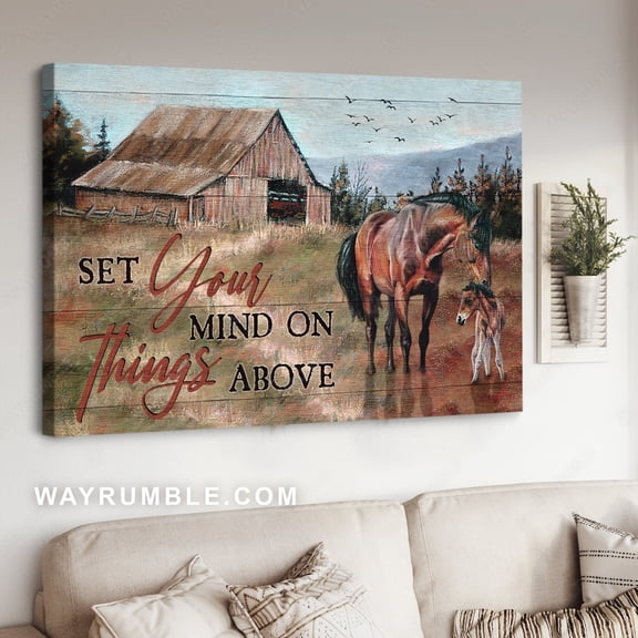 Wild horses, Old farm, Rice field, Set your mind in things above - Jesus Landscape poster Prints, Christian Wall Art, UNFRAMED-8x12