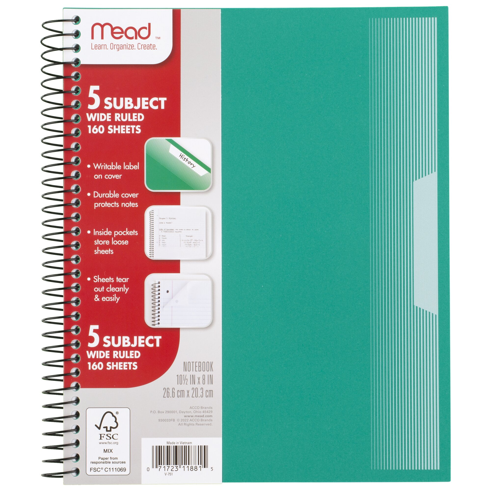 Mead Spiral Notebook 5 Subject Wide Ruled Plastic Cover 8 x 10 12 5 Pack - Wide