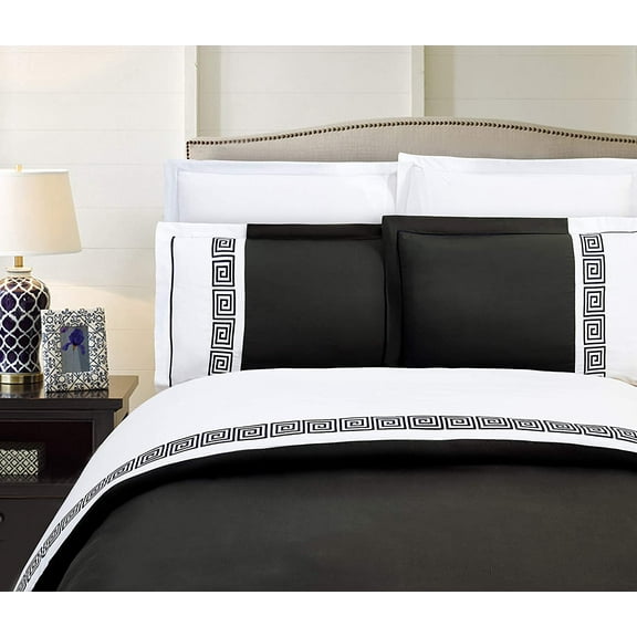 Elegant Comfort 3-Piece Greek Pattern Duvet Cover Set, Egyptian Quality, Hotel Collection, King, Black