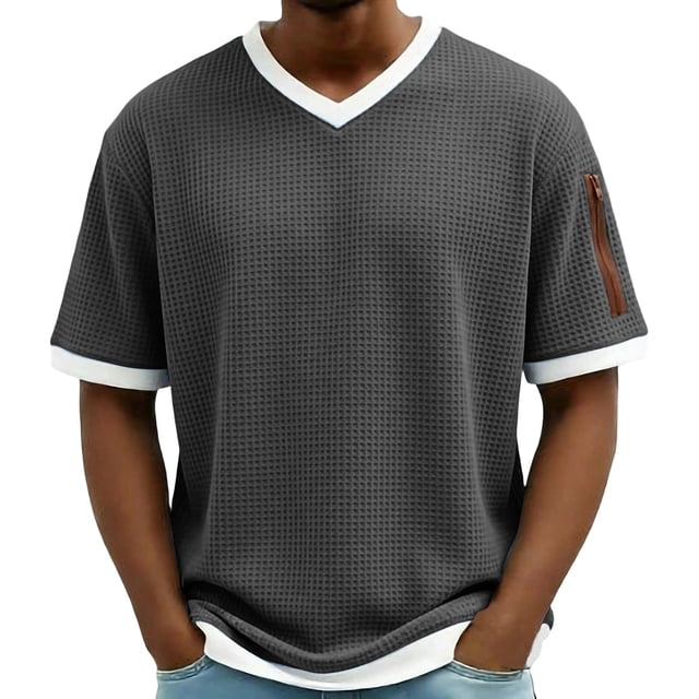Hombro Frío Tops Hombres de Malla Respirable Manga Corta Cuello en V Color Sólido Suéter Superior