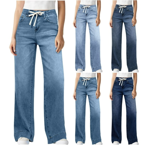 Drawstring Stretchy Jeans Women High Waisted Straight Leg Denim Pants Classic Distressed Blue Jeans for Office Work Casual Trousers with Pockets
