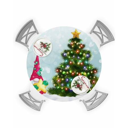 

Round Tablecloth with Elastic Christmas Gnome Christmas Tree Waterproof Stain-proof Table Cover Wipeable Fitted Table Cloths for 45 -54 Round Tables Dining Kitchen Indoor Outdoor Use