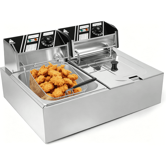 Commercial Double Basket Stainless Steel Electric Deep Fryer - 5000W, 12L Dual Tank